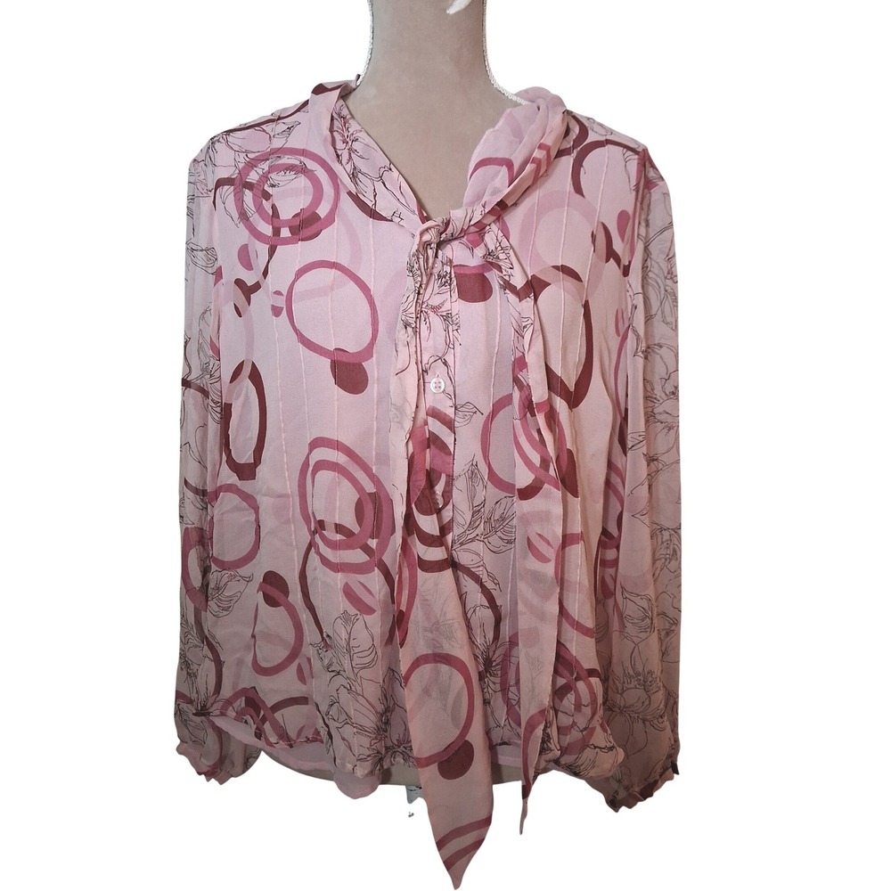 Vtg New York City Design Co Pink 100% Silk Bow Blouse Floral XL Y2k Fairy Whimsy
